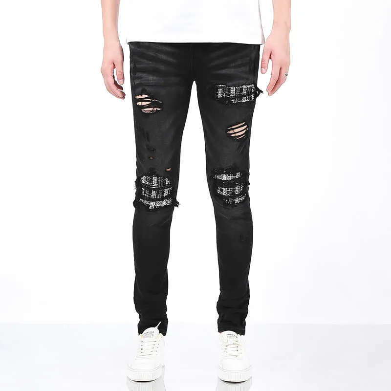 Toponamiri Trendy Brand High Street Wash i zużycie koloru plastry kontrast Slim Fit Small Feet Pants Knife Kolan Dżinsy dla mężczyzn