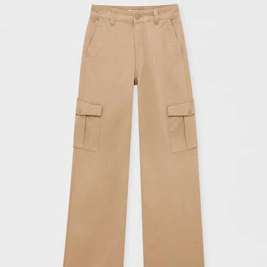 Calça cargo de tubo largo mais vendida, moda casual com vários bolsos plus size feminina 100% algodão