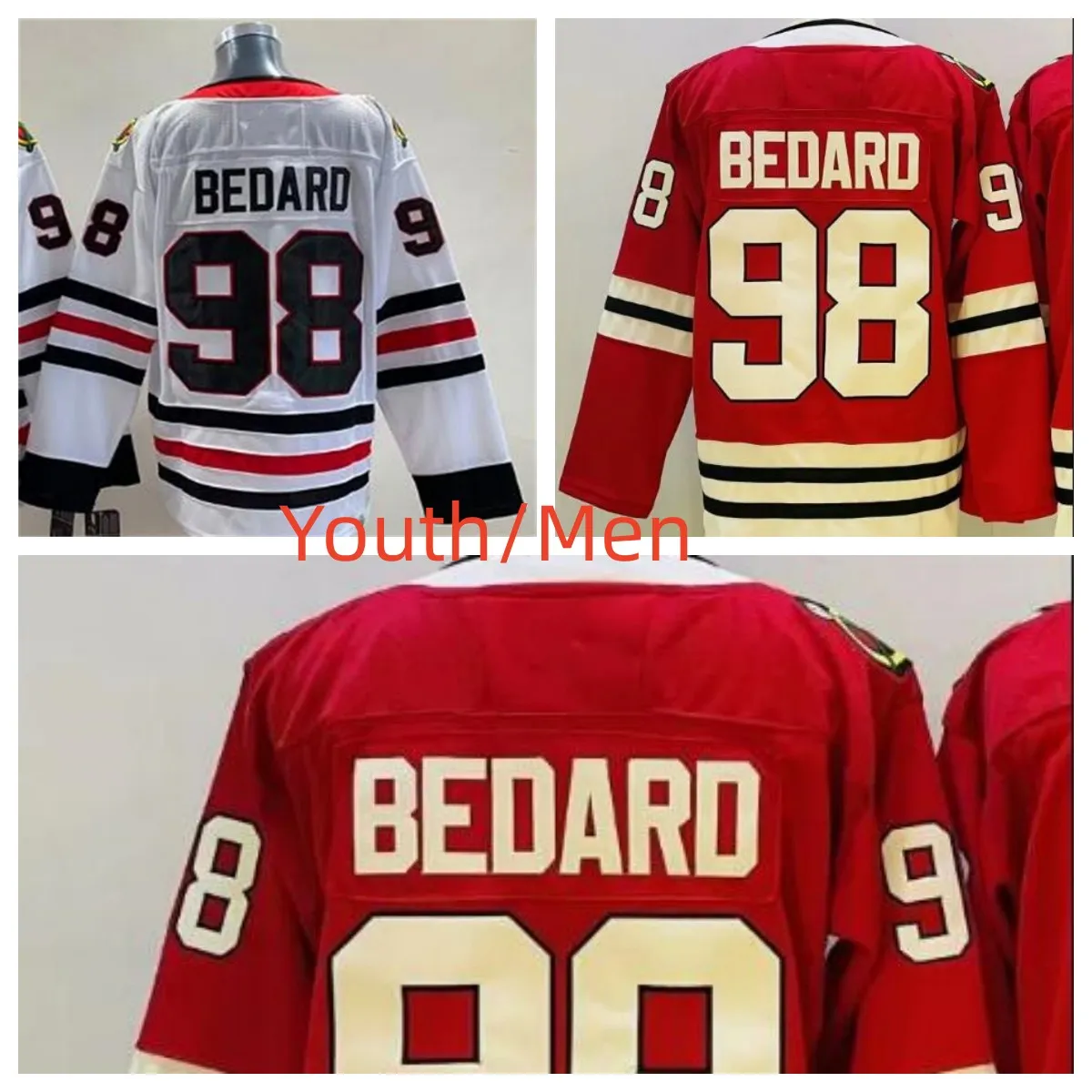 2024 Młodzieżowe koszulki hokejowe Conner Bedard 98 Red White Color S/M L/XL Szygowane koszulki dla dzieci męskie #98 Conner Bedard Jerseys S-3xl