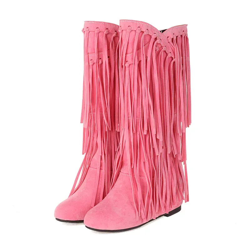 Boots Size 3443 Fashion Pink Flock Leather Women Fringe Flat Heels Long Boots Woman Tassel Knee High Boots Free Shipping