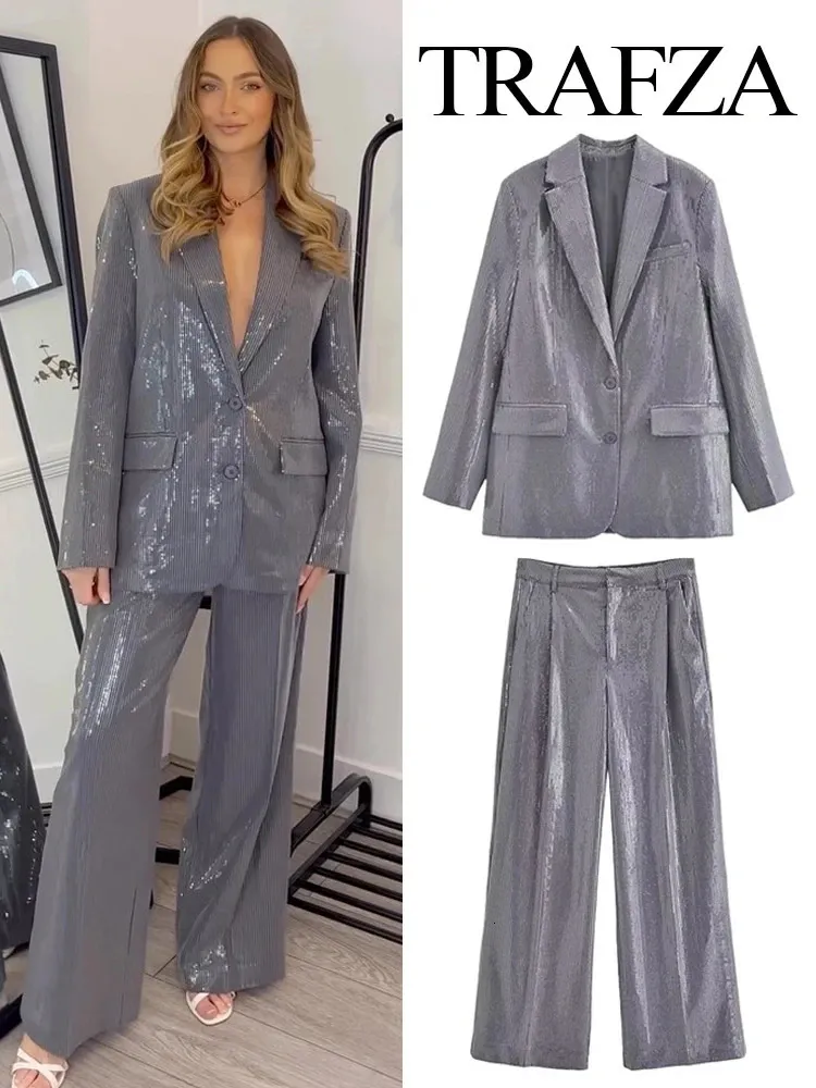 TRAFZA Dames Office Blazer Set van 2 Reverszakken Pailletten Versierd Single Breasted Hoge Taille Rits Zijzak Broek 240320