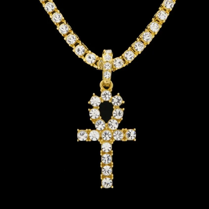 Égyptien Ankh Clé de Vie Colliers Hommes Glacé Bling cristal Croix Pendentif Or Argent Chaîne De Tennis Pour les femmes Rappeur Hip Hop Je242d