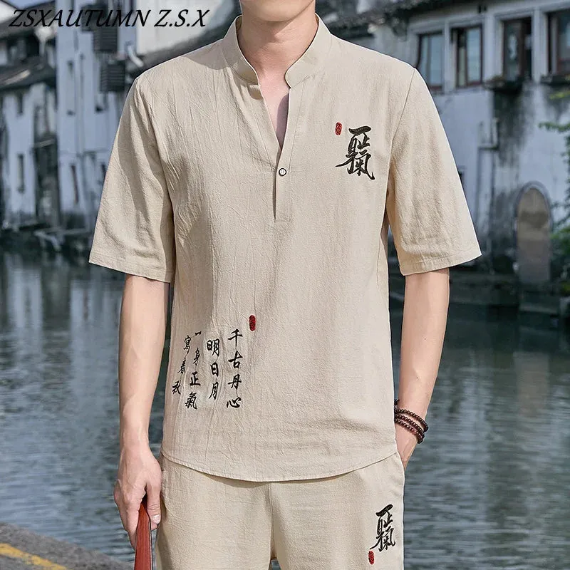China Vintage Linen Embroidery Hanfu Sets Chinese Style Suit Male Traditional Tang Kung Fu Taichi Top Pants Summer Men Cotton 240311