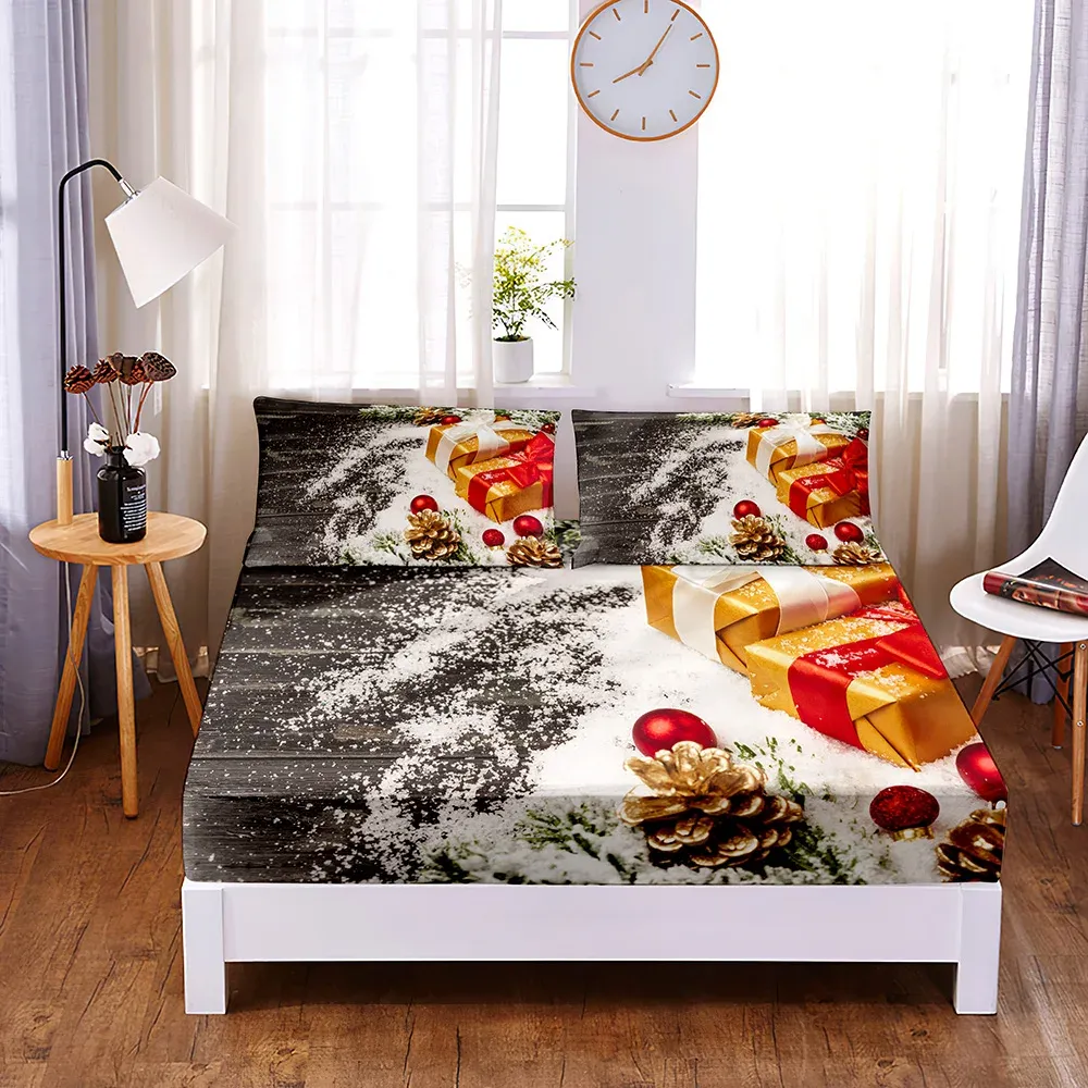 Ensemble de décorations de Noël 3 pièces, drap-housse en polyester solide, housse de matelas aux quatre coins avec drap de lit à bande élastique (2 taies d'oreiller)