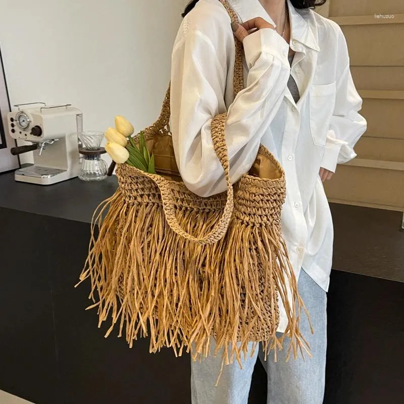 Borsa Tote In Paglia Intrecciata A Mano – Donna, Secchiello Estivo Con Manici, Fodera In Tessuto, Per Spiaggia E Shopping