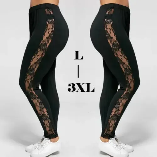 L3XL Plus rozmiar dla kobiet mody mody Casual Black Slimming High Talle Lace Patchwork Patrz przez legginsy 2023 240309