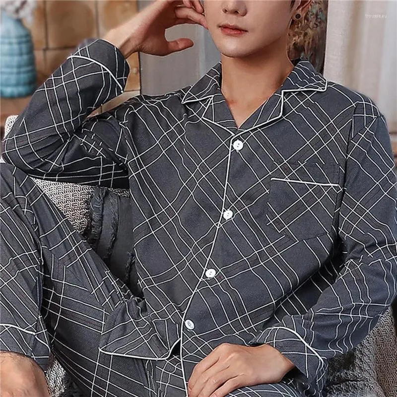 Men's Sleepwear Spring Autumn Men Stripe Cotton Pajamas Casual Plaid Pajama Long Sleeve Breathable Comfortable Sets