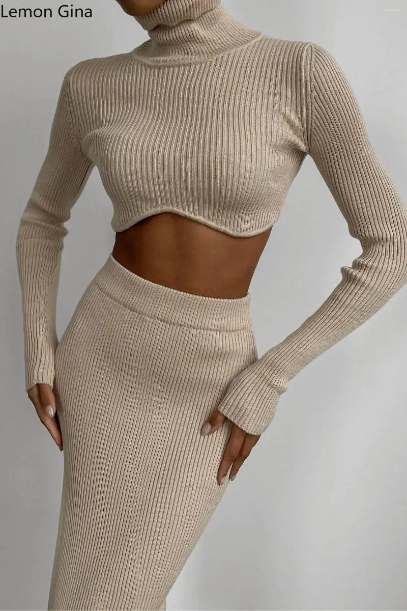 Work Dresses Lemon Gina Knit Ribbed Women's Set Long Sleeve Turtleneck Asymmetrical Crop Top And Bodycon Maxi Skirts Suit Two