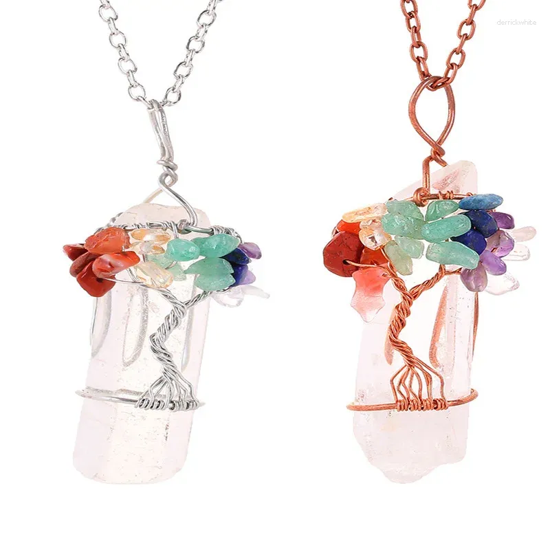 Halsketten mit Anhänger, natürlicher violetter Quarz-Opal-Stein, handgefertigte Halskette mit roségoldfarbenem Baum des Lebens, umwickelt mit tropfenförmigem Kristall