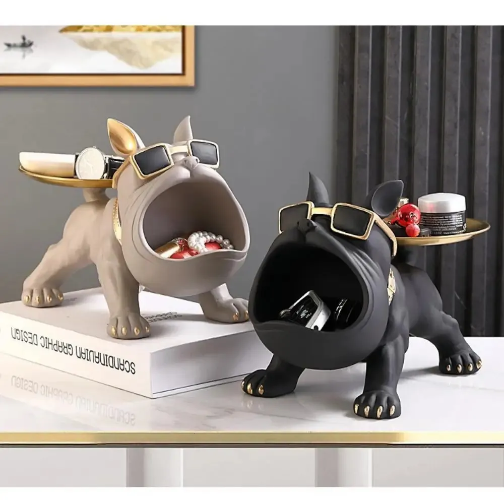 Statue de chien en résine, décoration de salon, porche, plateau de rangement de clés, bouledogue français pour l'intérieur de la maison, bureau 240314