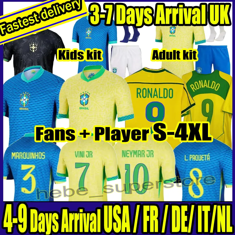 S-4XL 2024 브라질 축구 유니폼 Neymar Jr Vini Jr Camiseta de Futbol Raphinha 22 24 축구 셔츠 Maillots Brasil 남자 아이들과 레트로 1998 2002 Ronaldinho Ronaldo