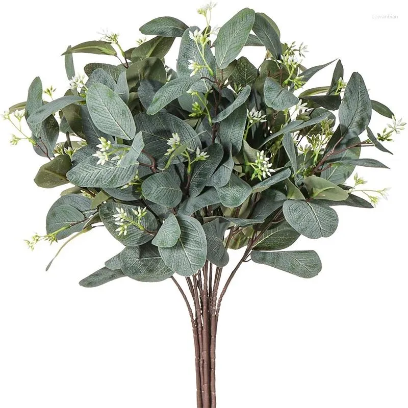 Flores decorativas Eucalyptus hastes 8pcs de seda folhas de vegetação semeada folhas de contato reais ramos falsos raminhos para casamento