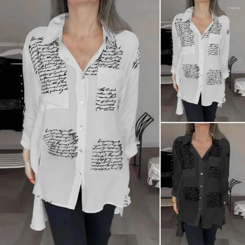 Chemise à revers irrégulière de chemisiers pour femmes Spring élégant avec lettre imprimé poches ourlet Ajustement pour les femmes du printemps / automne