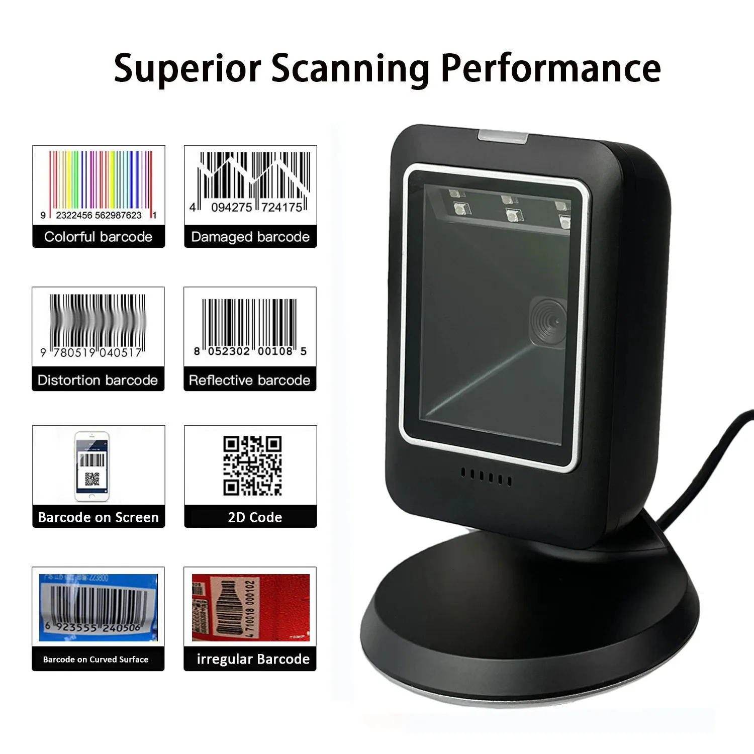 Scanner di codici a barre 2D allround desktop con rilevamento automatico lettore di codici a barre USB supermercato codice QR 1D 240318