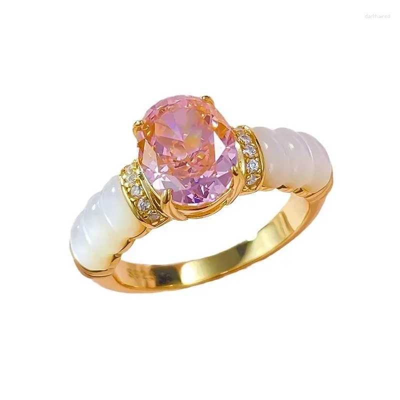 Anelli a grappolo Primavera Qiaoer Placcato oro 18 carati Argento sterling 925 Scintillante 7 9 mm Anello ovale Lab Padparadscha con pietre preziose per gioielli da donna