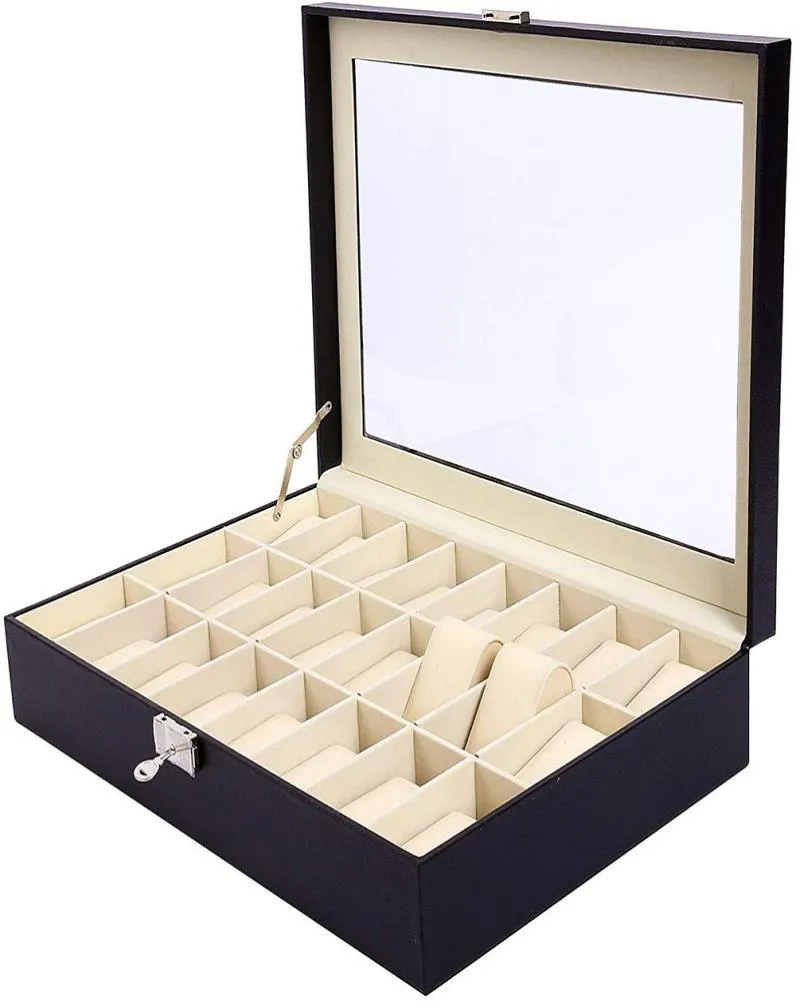 24 Slot PU Leather Watch Box Watches Case Jewelry Display Storage Organizer Box With Key Lock Glass Top Gift For Men Women MX2009500193