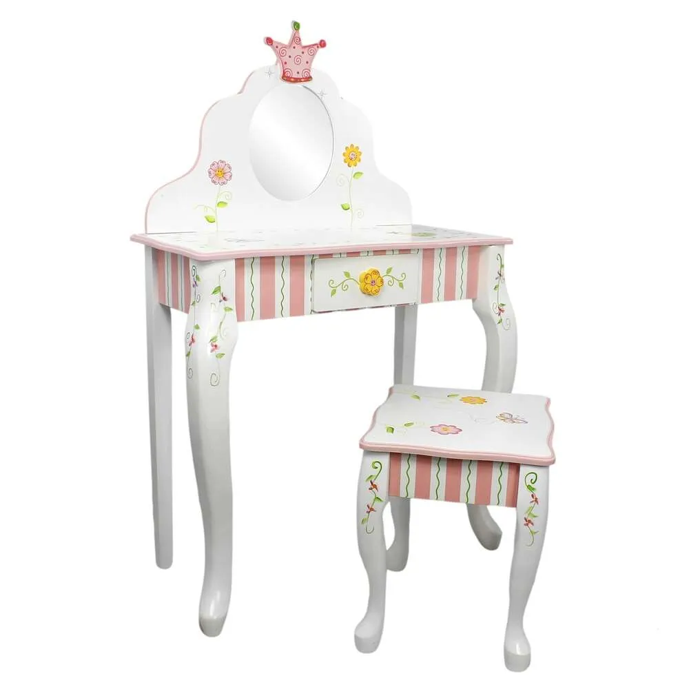 ファンタジーフィールズ - プリンセスカエルドレッシングテーブルとスツールセット、1つの引き出し、子供の贈り物、白いピンク、クラウン