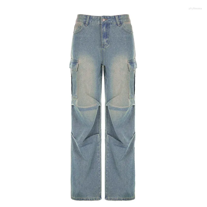 Jeans pour femmes American Vintage Streetwear Low Rise Femmes Poches lavées Pantalon en denim droit Pantalon cargo décontracté Slouchy