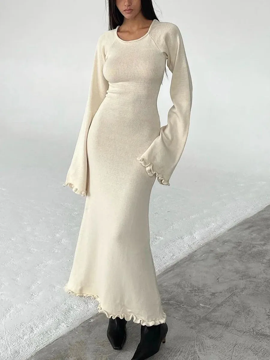 Kobiet Knitted BodyCon sukienka długi rękaw krawat bez tyłu okrągły szyja solidne kolory ruffy wykończeniowe sukienki mody 240323