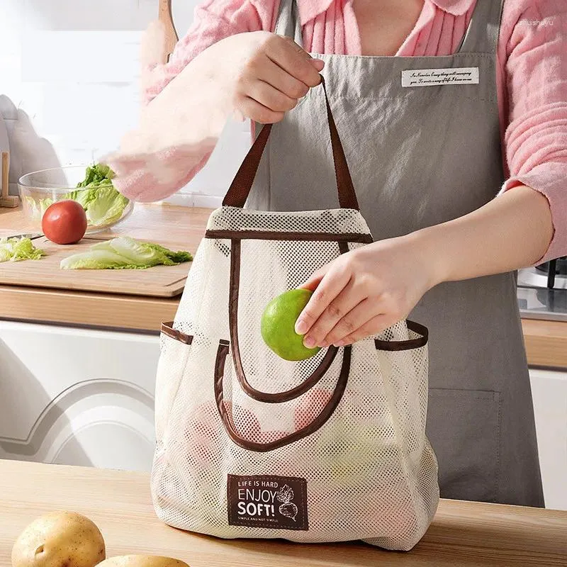 Sacs de rangement Cuisine suspendus sac en maille réutilisable fruits légumes lavable épicerie poubelle vêtements gingembre ail pommes de terre oignons