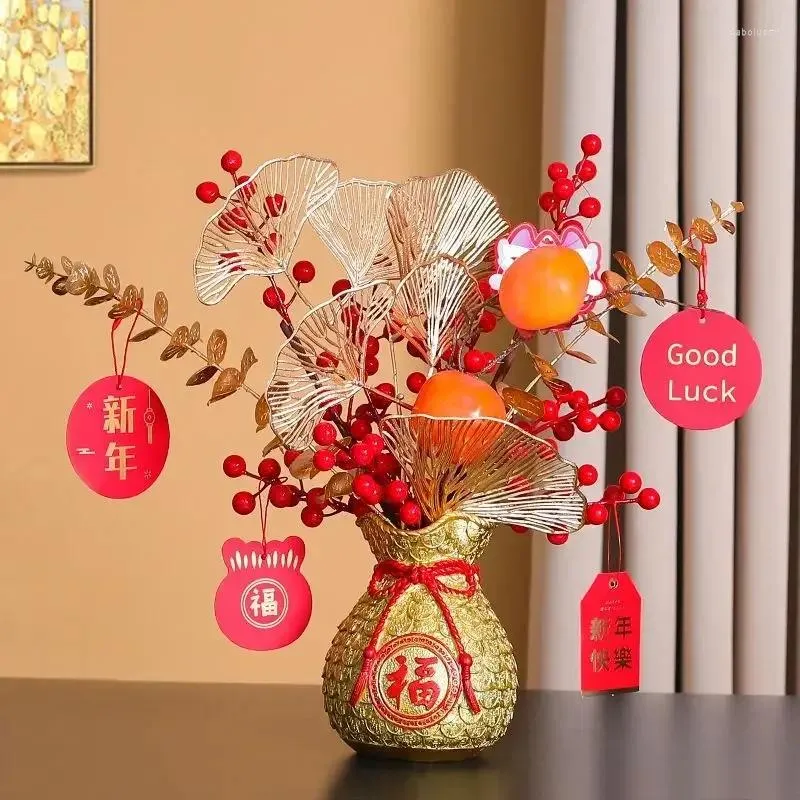 Vases Simulation Red Fortune Fruit Bless Bag Resin Vase Decoration Home Store Cafe Table Ornaments Crafts Wedding Opening Furnishing