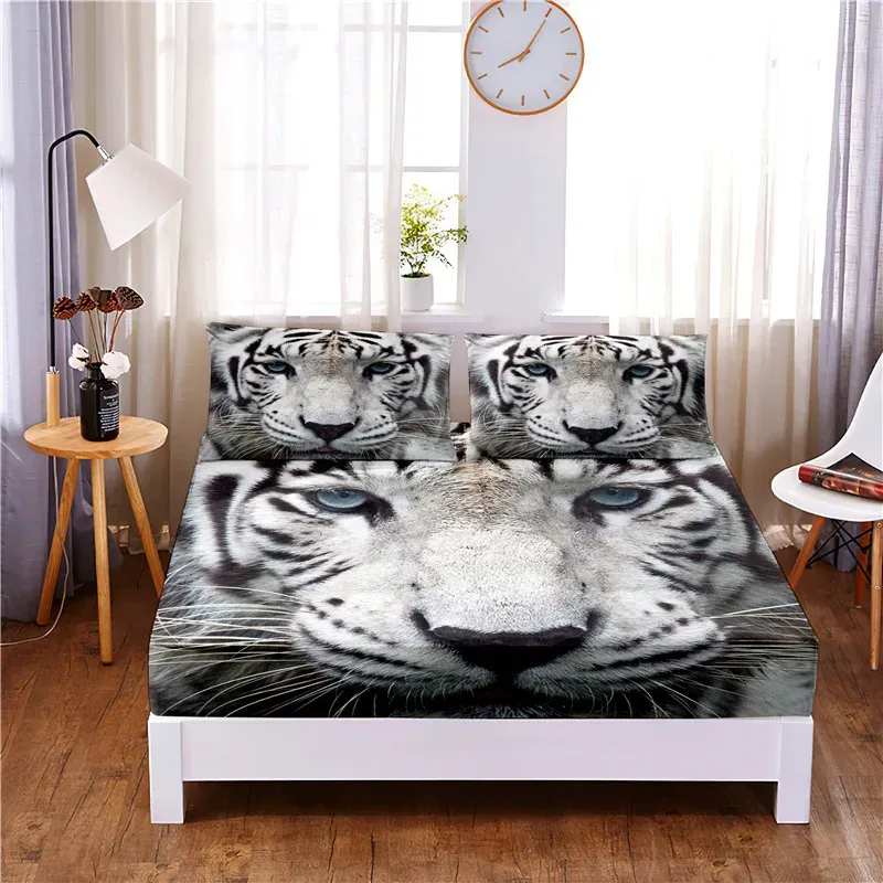 Set Coprimaterasso con angoli in poliestere solido White Tiger 3 pezzi Quattro angoli con lenzuolo con fascia elastica (2 federe)