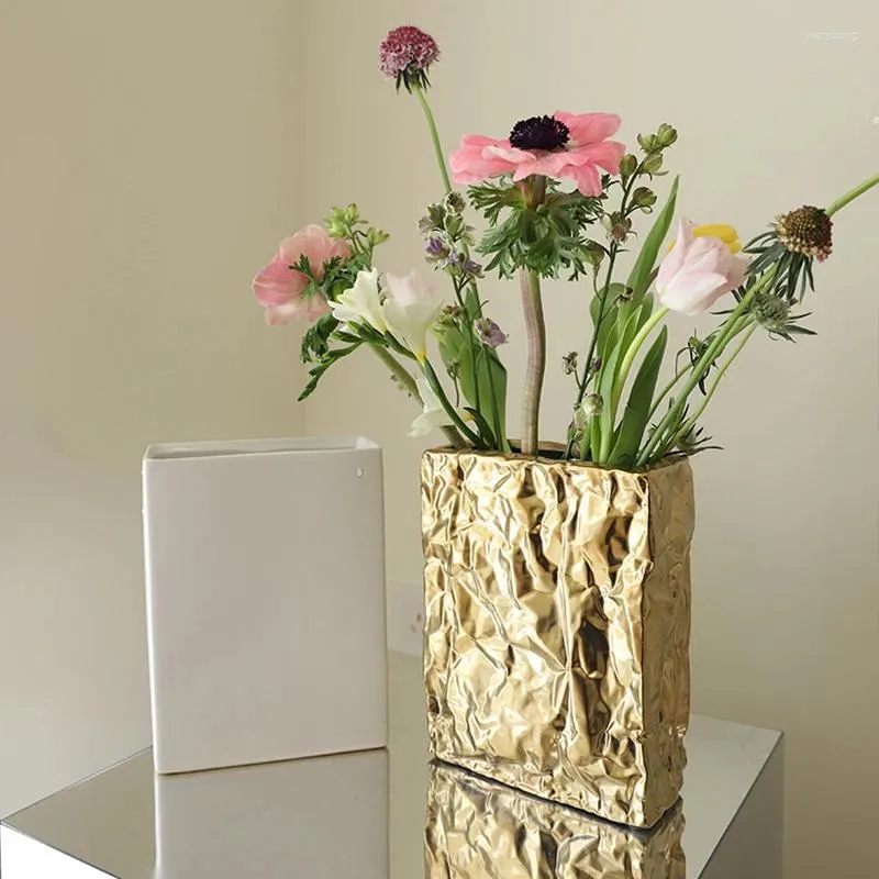 Vases Creative Square Plissé Vase en céramique Arrangement de fleurs Décoration séchée Artisanat hydroponique d'intérieur Accueil