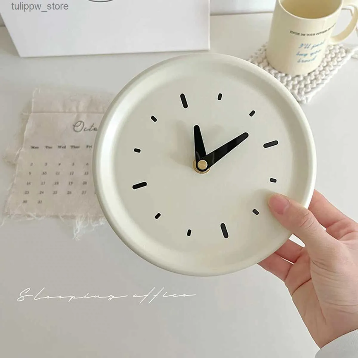 Desk Table Clocks Korean Style Wall Clock Desk Cream White Round Clock Wall Decoration for Bedside Table Living Room Home Desk Docor Room Decor L240323