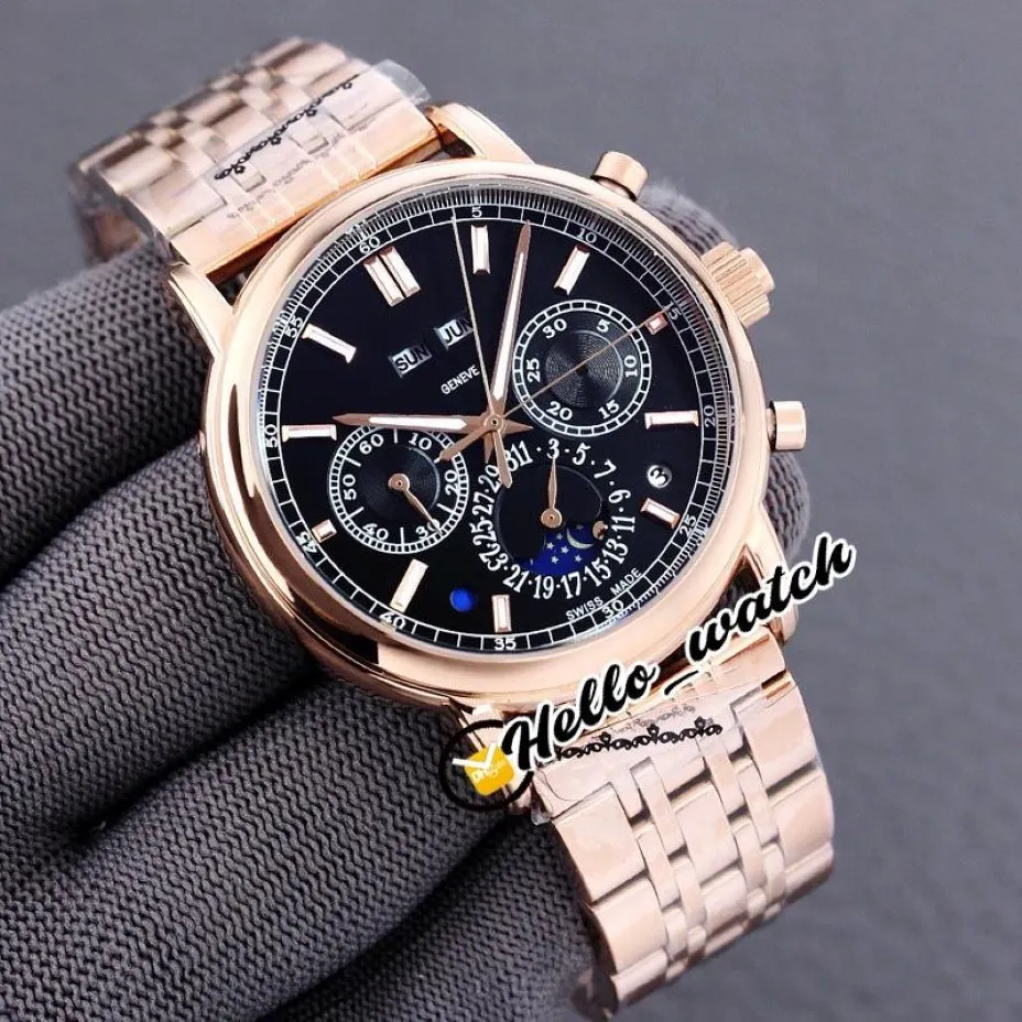 Nouveau calendrier perpétuel super complexe 5204 1R-001 montre automatique pour homme phase de lune cadran noir bracelet en acier or rose montres Hello166b