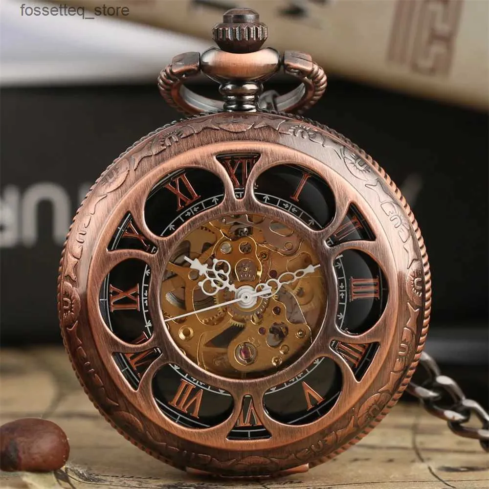 Pocket Watches Rose Gold/Black Pumpkin Flower Hollow Mechanical Pocket Roman Numerals Display Luxury Pendant Pocket Clock Gift with Chain L240322