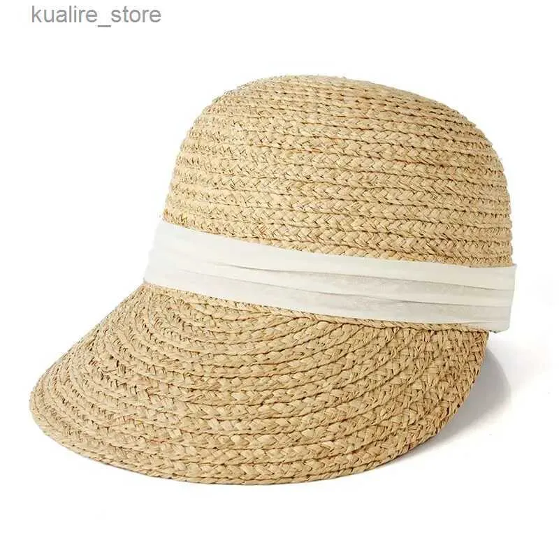 Wide Brim Hats Bucket Hats Straw Caps For Women Panama Equestrian Hat Vintage Summer Sun Hat Solid Raffia Visor Caps Female Breathable Beach Straw L240322