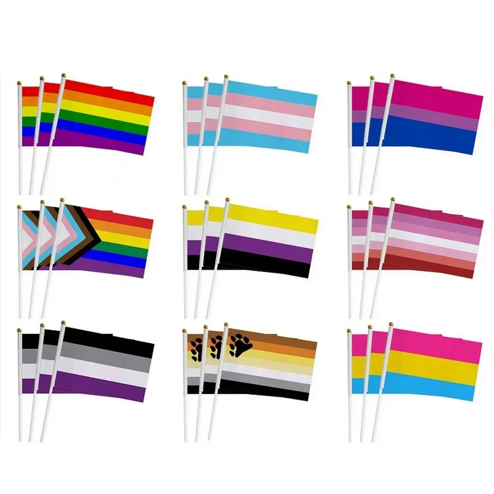 Accessories custom LGBT hand flag 100Pcs 14*21Cm plastic Stick Rainbow Hand flag Gay Lesbian Homosexual Bisexual Pride hand flag