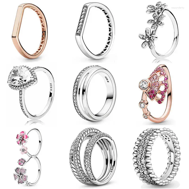 Küme Yüzükleri 925 Sterling Gümüş Yüzük çubuğu İstifleme İmzası Üçlü Boncuklu Pave Band Radyant Gözyaşı Pembe Fan Kadın Moda Takı