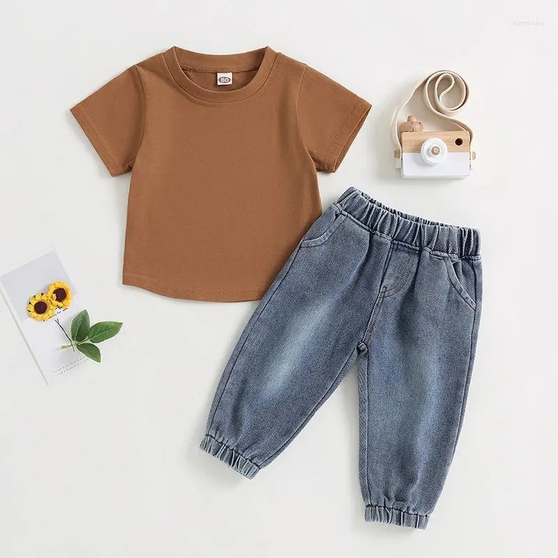 Clothing Sets Toddler Baby Boys Summer Clothes Solid Color T-shirt Tops Blue Jeans 2PCS Short Sleeve Outfit