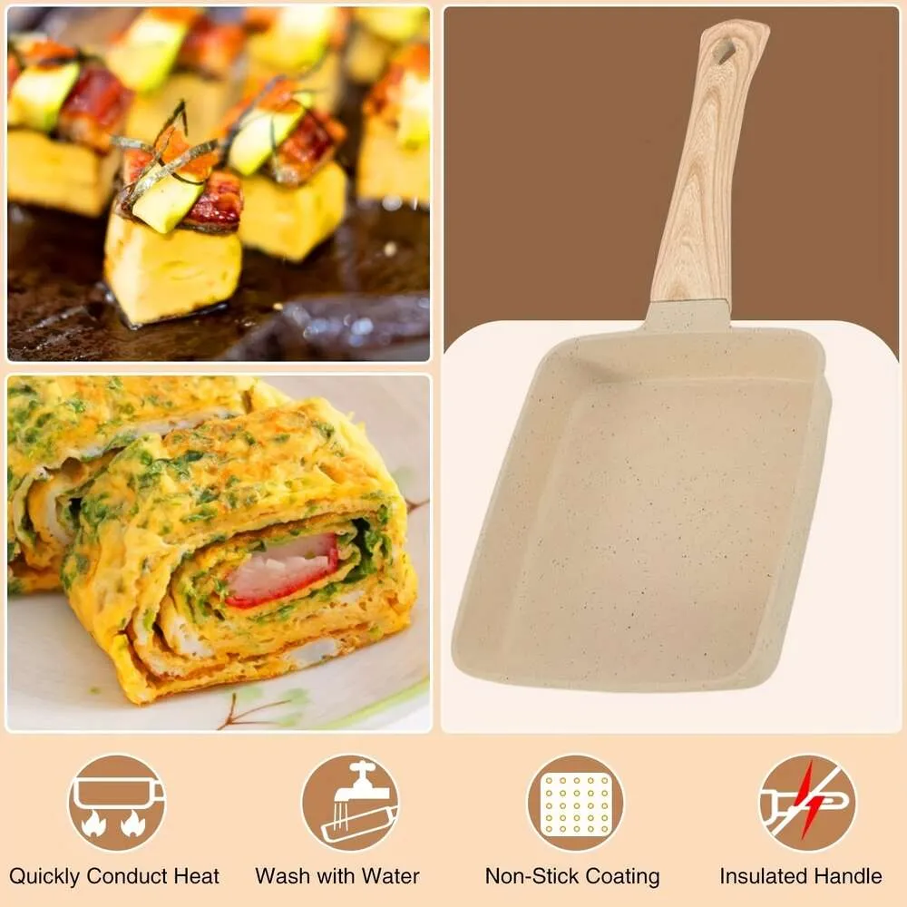 1 комплект японской прямоугольной сковороды тамагояки, сковорода с антипригарным покрытием, силиконовой лопаткой и масляной кистью