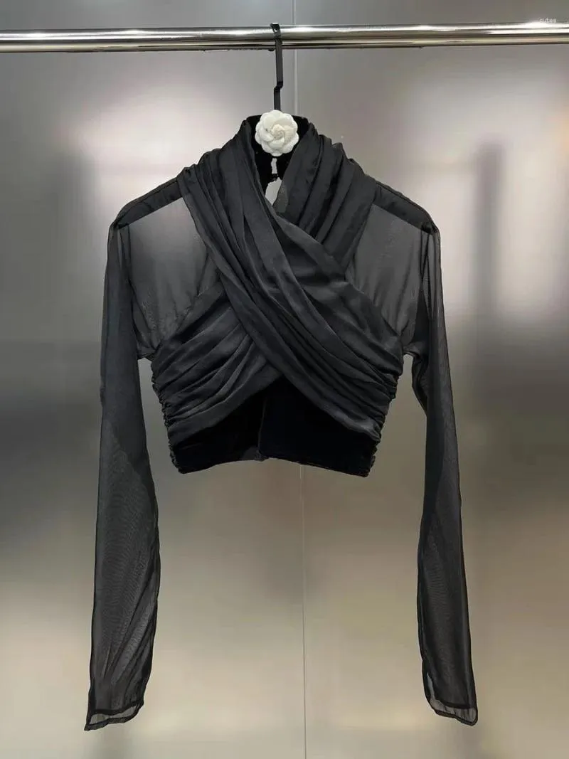 Women's Blouses Autumn V-neck Cross Strap Perspective Yarn Splice Waist Wrap Dark Wind Shirt Street