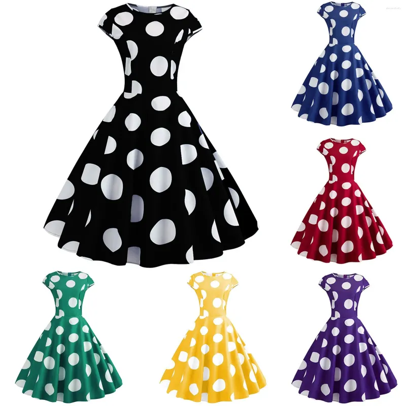 Casual Dresses Vintage Polka Dot Printed Swing Dress Women's Elegant Party Retro 1950s 60s Rockabilly Robe aftonklänningar Vestidos