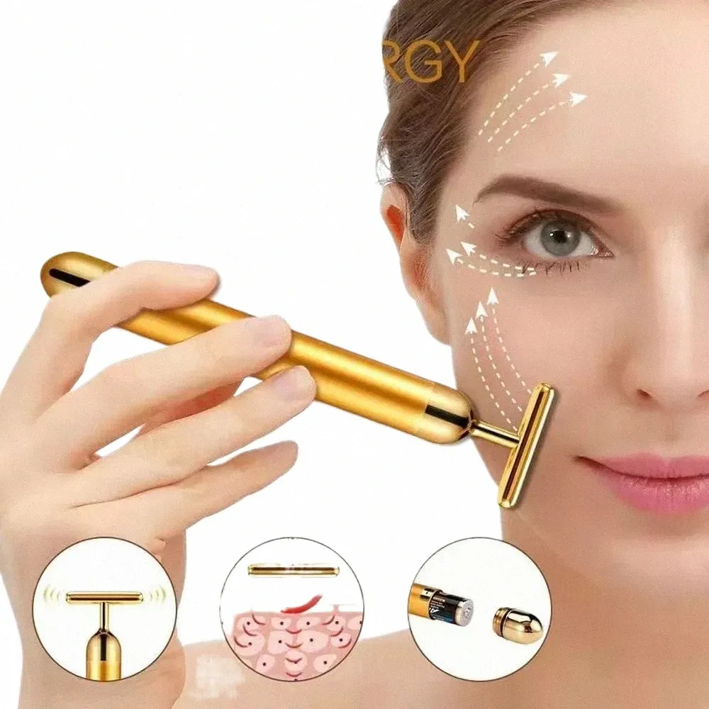 Énergie 24K Gold T Beauty Bar Facial Roller Masseur T-Shape Energy Beauty Bar Pulse Raffermissant Visage Massage Lift Outil 36YE #