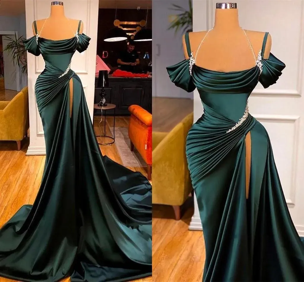 Robes de bal à épaules dénudées vert foncé, Sexy, cristal fendu sur le côté, robes de soirée hautes et sexy, robe de demoiselle d'honneur formelle