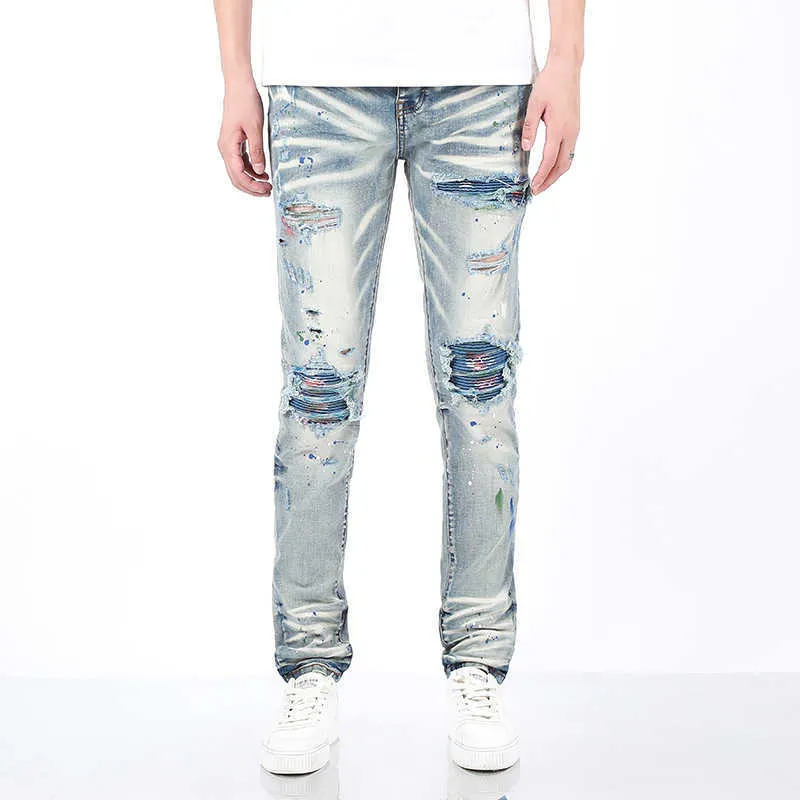 High Street Trendy Brand Old Patches Paintings Graffiti Tears Elastic Slim Fit Water Washed Light Color Jeans for Men