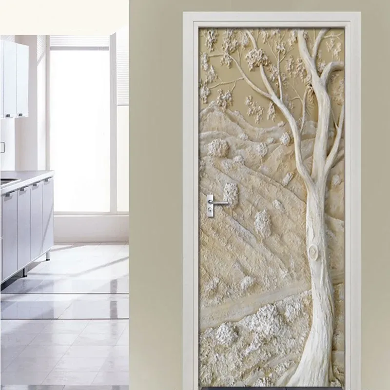 Naklejki Zdejmowane naklejki na drzwi Europejskie 3D wytłoczone stare drzewo Wodoodporne drzwi do salonu drzwi 3D Tapeta
