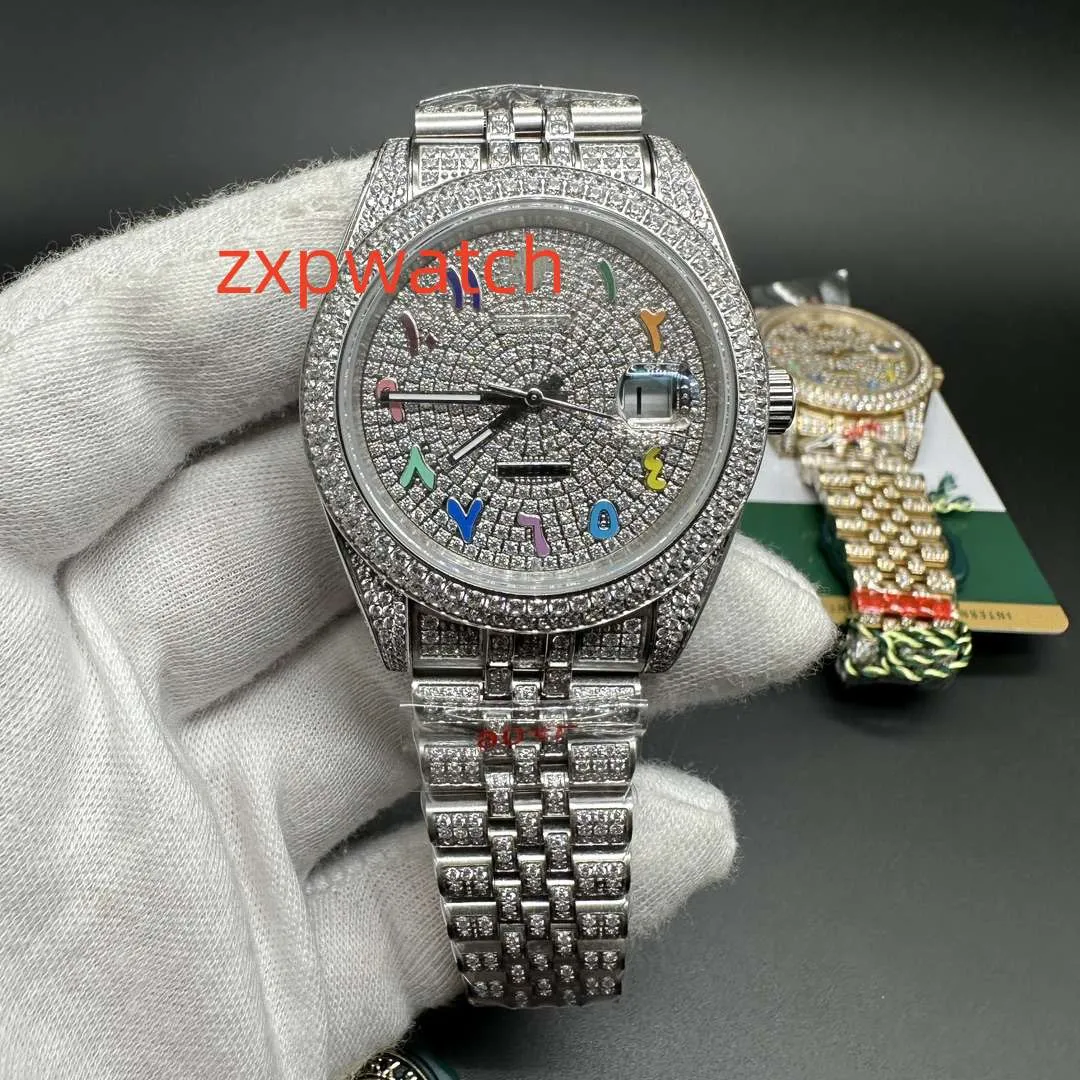 Montre automatique mécanique pour hommes, entièrement en diamant, chiffres arabes arc-en-ciel, cadran saphir 40mm, avec Bracelet en acier clouté de diamants