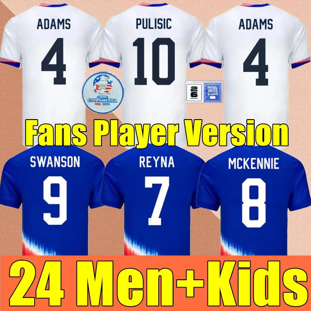 Fotbollströja 2024 25 Usas Soccer Copa America USWnt Woman Kids Kit USMNT 24/25 Home Away Shirts National Set Uniform Player Version Pulisic Balogun Smith