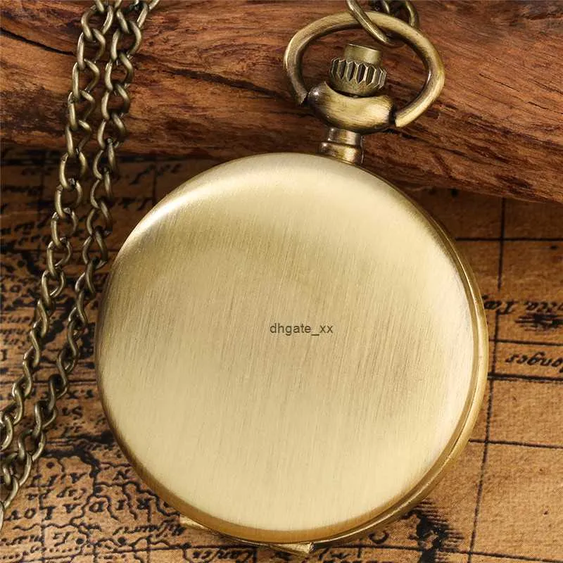 Bronze Pocket Watch Full Hunter Smooth Case Unisex Quarz Uhr Uhr Halskette Anhängerkette Geschenk