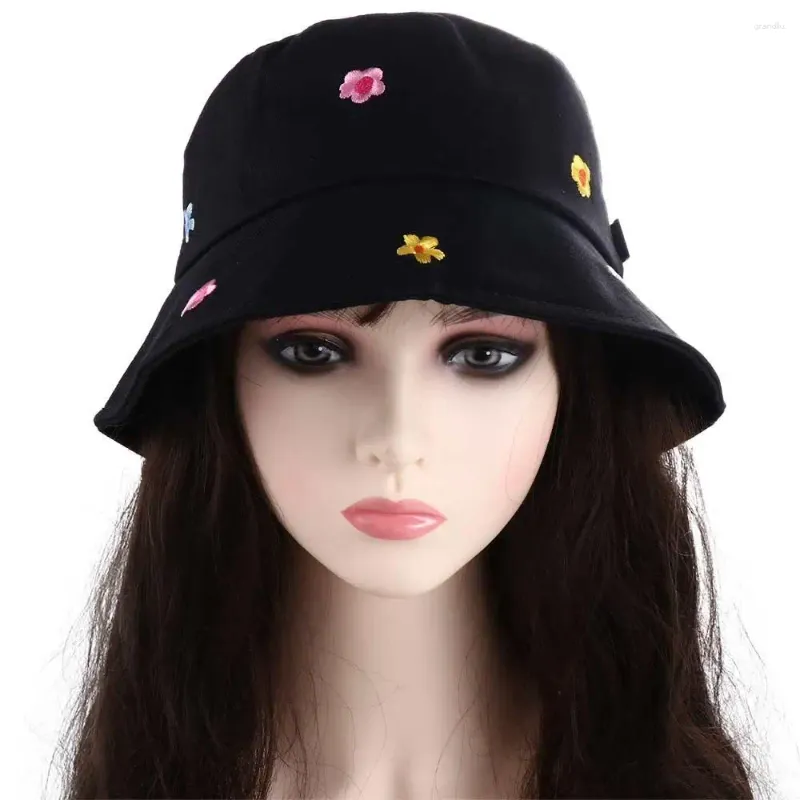 Bérets été coréen broderie coton fille fleur visière casquette protection solaire chapeau de seau