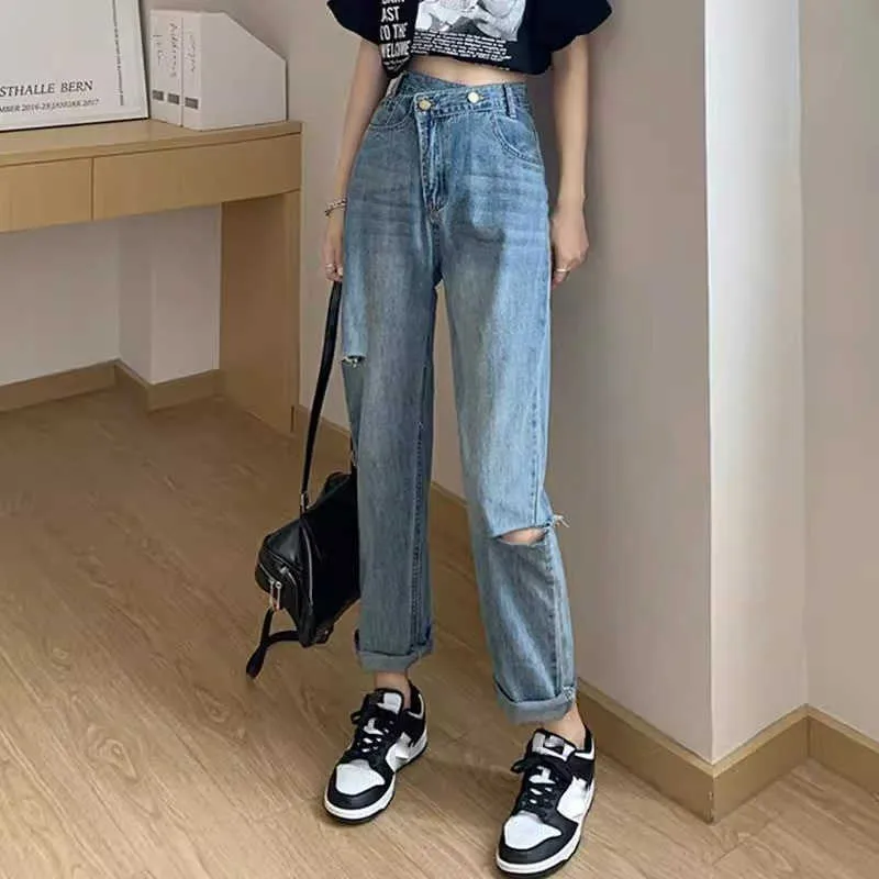 Distressed Jeans voor Dames Zomer 2023 Nieuwe losse afslankbroek met hoge taille en rechte pijpen met een designgevoel van chique Hong Kong-stijl
