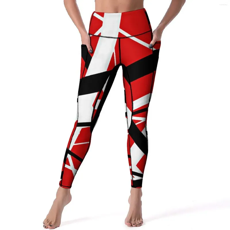 Calça ativa van halen estampa leggings bolsos linhas vermelhas gráfico yoga push up academia legging sexy esporte de secagem rápida