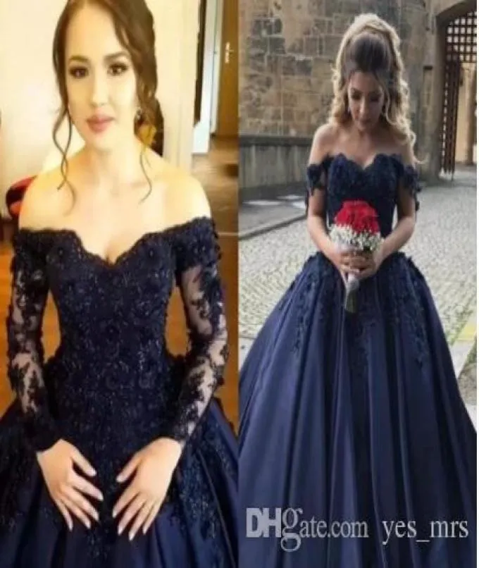 2020 Navy Blue Quinceanera Dresses Ball Gown Off Shoulder 3D Flower Lace Appliques Beaded Sweep Train Satin Corset Prom Evening Go6814632