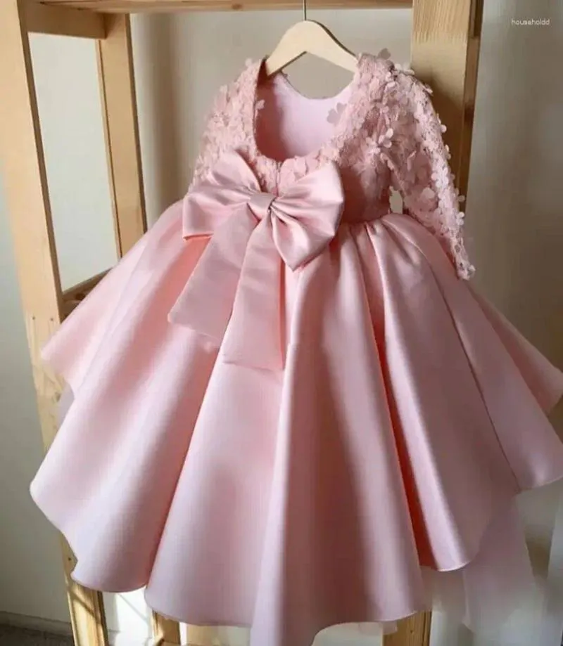 Robes de fille manches longues fleur robe de bal rose Satin Tulle enfants robes de reconstitution historique bébé infantile robe de fête d'anniversaire vêtements de cérémonie