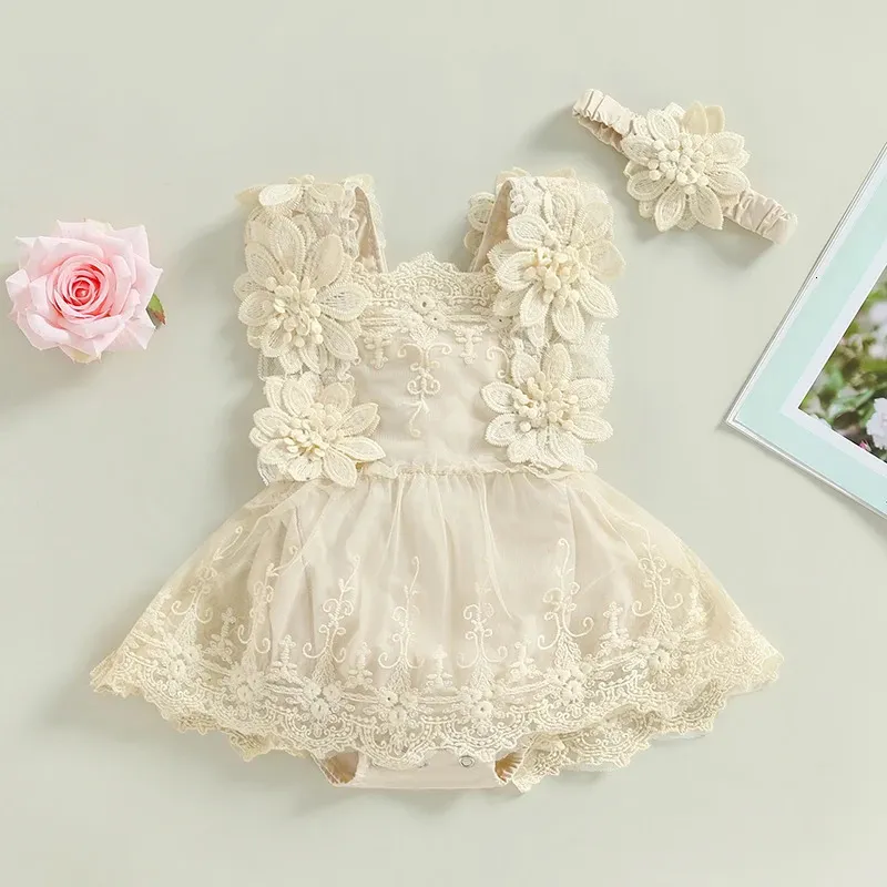 Baby babymeisje zomer romper bloemen kanten borduurwerk romper jurk banden mouwloze zoete driehoekige bodem jumpsuit en hoofdband 240319